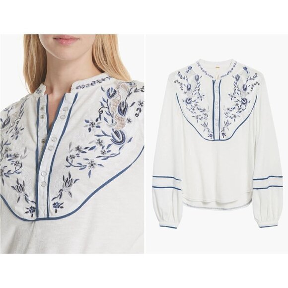 Free People Sundance Kid Embroidered White Jersey Henley Popover Top Small - Picture 3 of 9